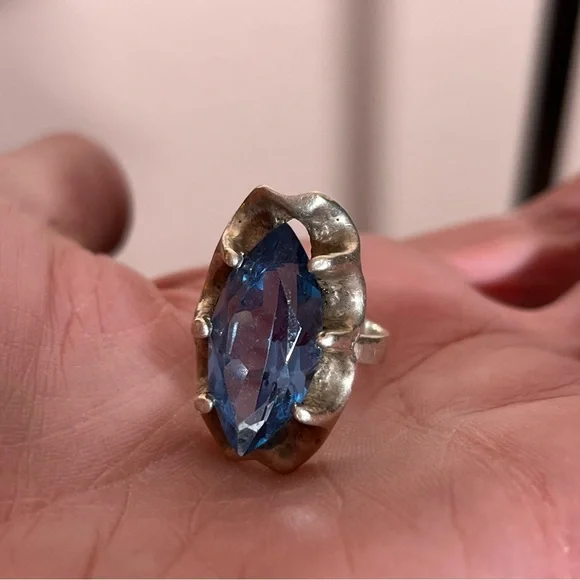 Antique art Deco Oversized Marquee Blue Topaz Brutalist Sterling Silver Ring - Picture 17 of 17